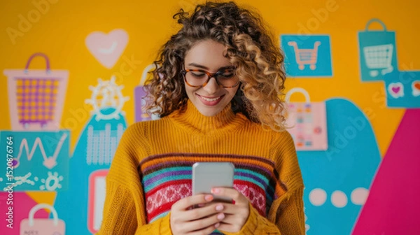 Fototapeta Curly-haired woman with smartphone against shopping icons