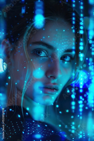 Fototapeta Cyberpunk portrait of a woman with digital code overlay