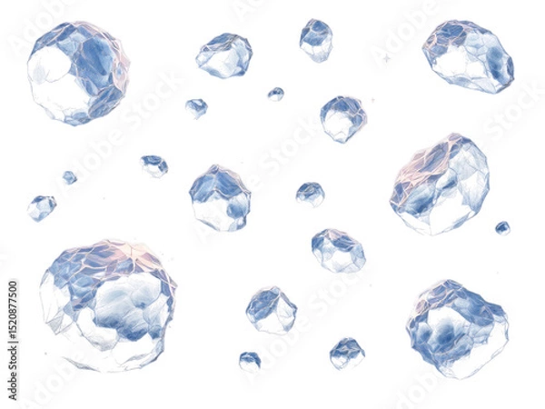 Fototapeta A scattered array of icy asteroids floating against a stark black background in outer space view