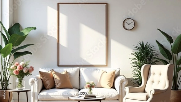 Fototapeta Modern living room interior design mockup with white sofa