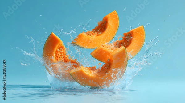 Obraz fresh melon slices splash into the water with refreshing drops. This image captures the essence of summer, highlighting the vivid color and refreshing quality of a delicious melon slice