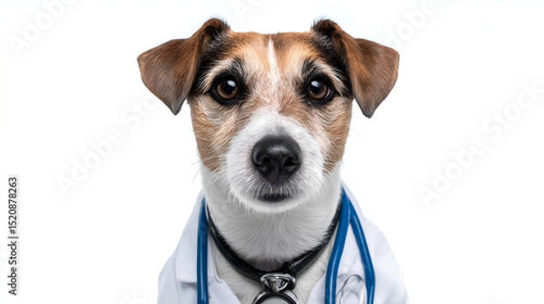 Obraz a cute dog in a medical coat and stethoscope looking directly at the camera, evoking a sense of care and professionalism