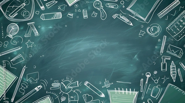 Fototapeta 
A dark green chalkboard background is framed by hand-drawn white line art doodles of school supplies and stationery items. The center is empty, surrounded by learning related illustrations.