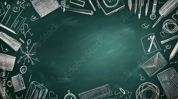 Fototapeta 
A dark green chalkboard background is framed by hand-drawn white line art doodles of school supplies and stationery items. The center is empty, surrounded by learning related illustrations.