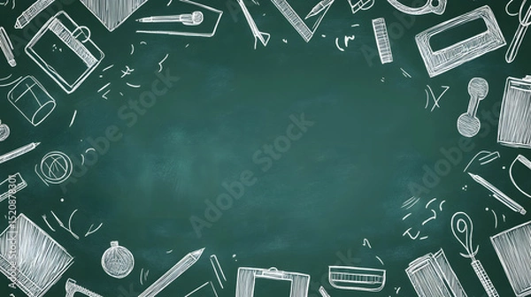 Fototapeta 
A dark green chalkboard background is framed by hand-drawn white line art doodles of school supplies and stationery items. The center is empty, surrounded by learning related illustrations.