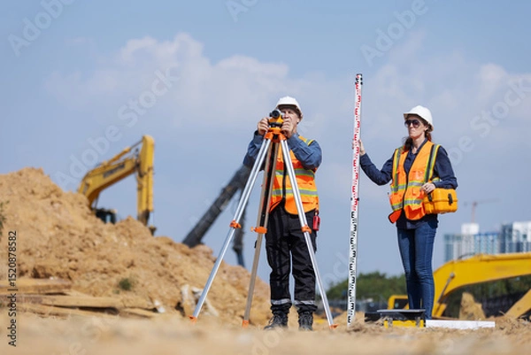 Obraz Two construction surveyors in safety gear stand at a job site using a tripod-mounted total station and leveling rod to measure land elevation, essential for site layout and infrastructure planning.