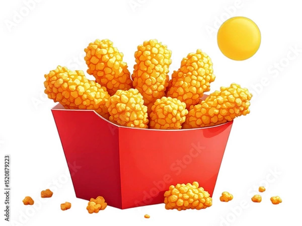 Fototapeta A red container filled with golden fried chicken tenders against a black background with a yellow circle