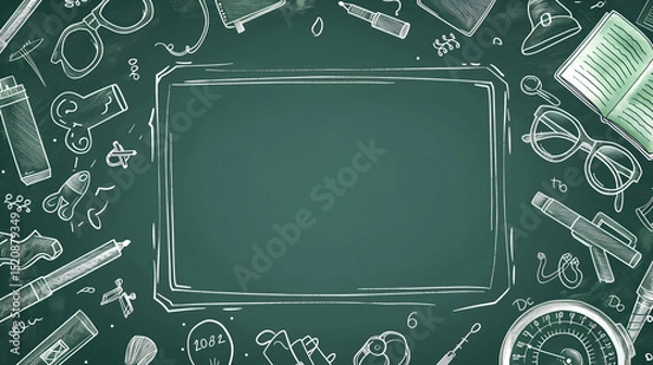 Fototapeta 
A dark green chalkboard background is framed by hand-drawn white line art doodles of school supplies and stationery items. The center is empty, surrounded by learning related illustrations.