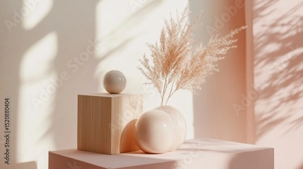Fototapeta Minimal decor set with sphere and dried flowers in sunlight editorial shadow play clean layout image