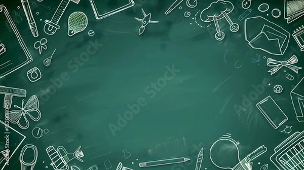 Fototapeta 
A dark green chalkboard background is framed by hand-drawn white line art doodles of school supplies and stationery items. The center is empty, surrounded by learning related illustrations.