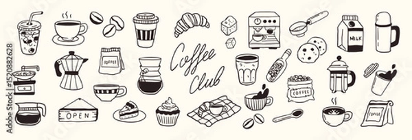 Fototapeta Coffee hand drawn doodle sketch set vector illustration. Morning breakfast, milk, dessert, croissant, machine, menu icons collection.