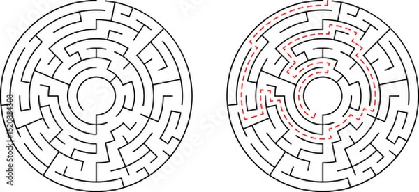 Fototapeta Circular maze illustrating solution path through complex black and white labyrinth