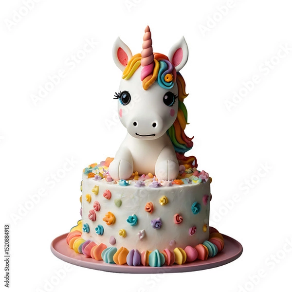 Fototapeta Rainbow Unicorn Cake on transparent background Adorable unicorn