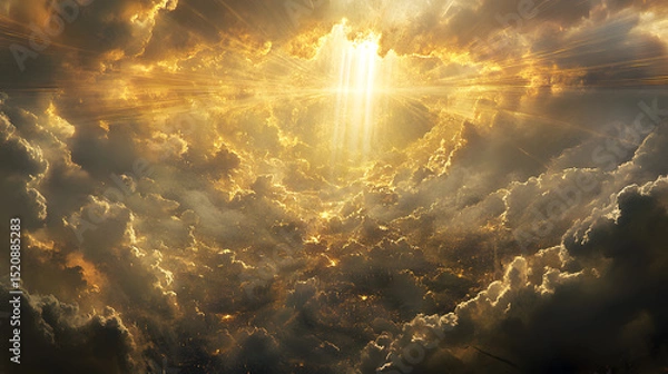 Fototapeta 
A dramatic sky opening with an ethereal golden light breaking through storm clouds. Beams of heavenly light shining down onto Earth, illuminating the chaos below. A sense of divine power and holiness