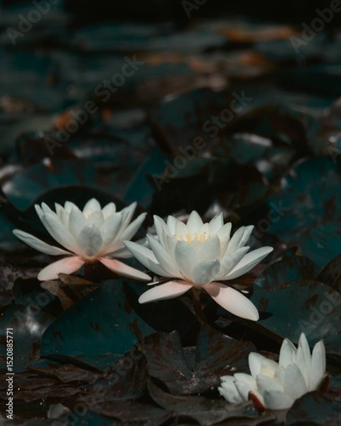 Fototapeta Blooming white water lilies and green leaves on the water on a sunny day. Lotus floating on the pond. Natural beauty of the water garden. Picturesque natural background.
