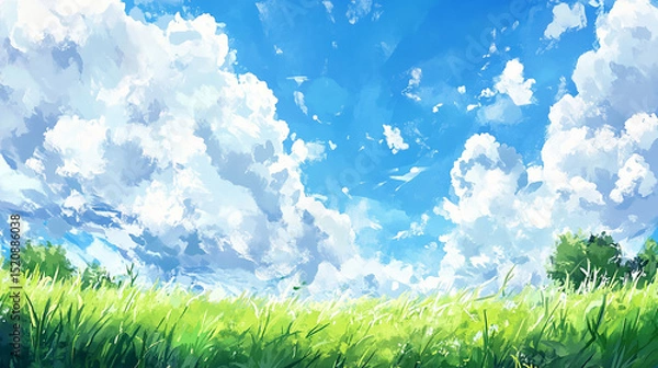 Fototapeta 青空のアニメタッチ風景イラスト　generative ai
