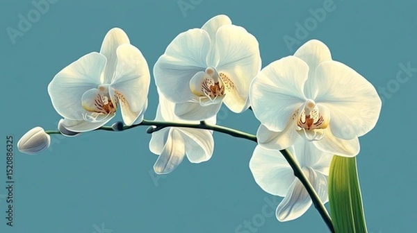 Fototapeta A close up of a stem of white orchids with a blue background in a brightly lit environment