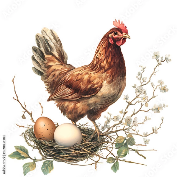 Fototapeta Brown hen with eggs in nest spring flowers isolated on transparent background
