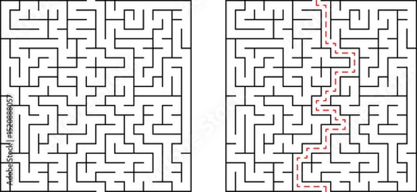 Fototapeta A complex maze graphic showing a difficult challenge with a clear and easy solution path