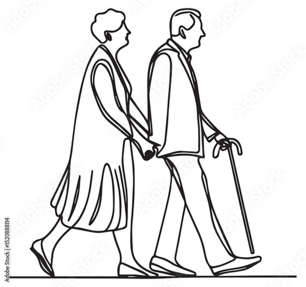 Obraz Elegant continuous line art drawing of elderly couple walking hand in hand with cane symbol of enduring love