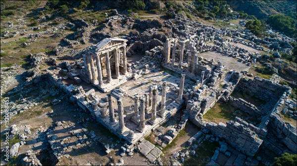 Fototapeta Aerial View of Ancient Ruins: Explore Historical Architecture and Stone Columns at Mediterranean Heritage Site