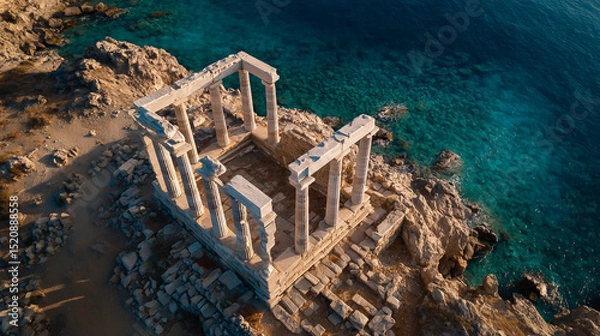 Fototapeta Discover Ancient Ruins on Greece's Scenic Coastline: Aerial View of Stone Architecture by the Mediterranean Sea