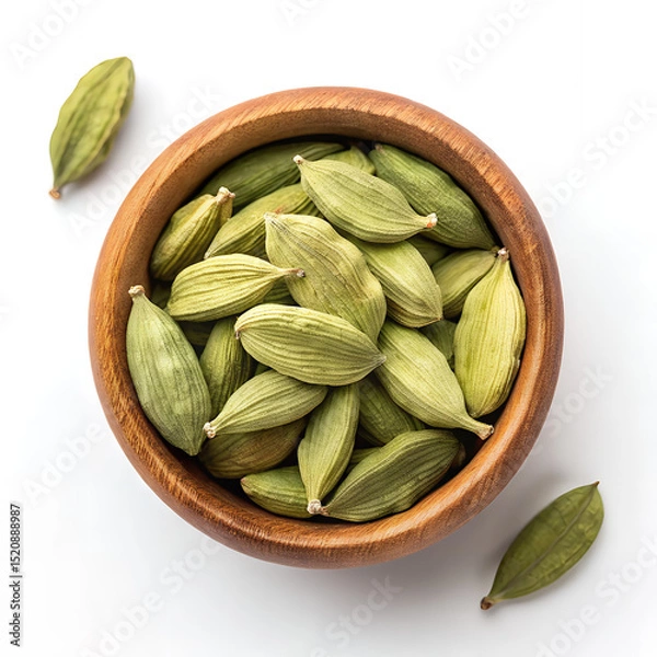 Fototapeta Cardamom Pods in a Wooden Bowl: An overhead shot presents a rich collection of cardamom pods, held within a rustic wooden bowl. The pods showcase vibrant hues of green.