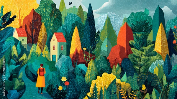 Fototapeta Exploration Through a Vibrant Autumn Forest: A Whimsical Landscape Art of a Nature Pathway in Idyllic Colors