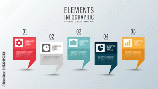 Obraz Speech bubble vector infographic with business icons. Five options or processes.