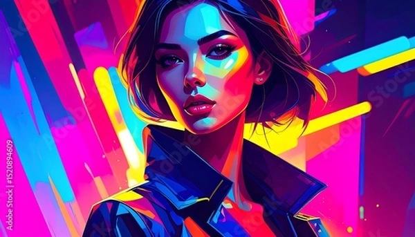 Fototapeta Vibrant Neon Woman Portrait, Digital Art - Vibrant color palettes