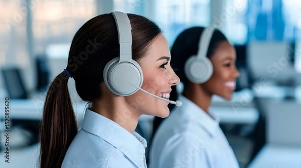 Fototapeta Customer support professionals engaged in communication modern office photo bright environment side view teamwork concept