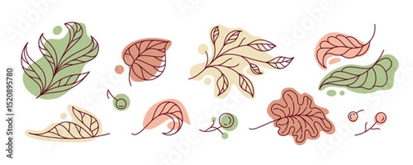 Fototapeta Autumn leaves and berries set warm vector line art in earthy and muted tones. Ideal for seasonal cards, eco packaging, stickers, digital scrapbooking, and cozy fall illustrations.