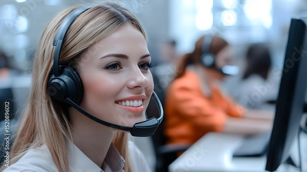 Fototapeta Customer service interaction call center professional environment office space engaged viewpoint support communication