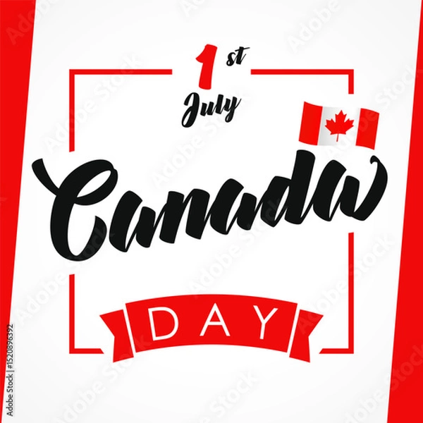 Fototapeta Happy Canada Day greeting card design. Geometric square frame, 3D flag and red ribbon. Set of graphic elements. White and red colours. Creative banner. Social media poster. Blogging timeline story.