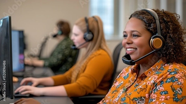 Fototapeta Customer service representatives engaged at work office environment professional photography focused view teamwork concept