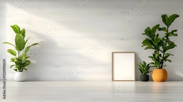 Fototapeta A bright airy workspace with a blank canvas frame  long title A bright airy workspace with a blank