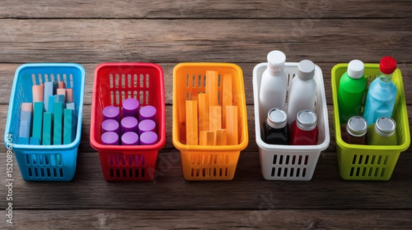 Fototapeta Five colorful baskets organize various household items and bottles on a wooden surface.