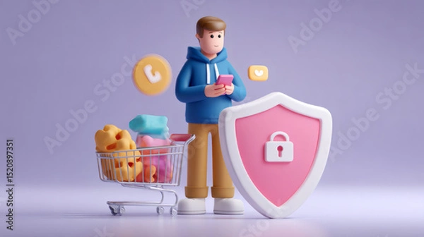 Fototapeta A person shops online with a phone, protected by a digital security shield, next to a cart of groceries and app icons.