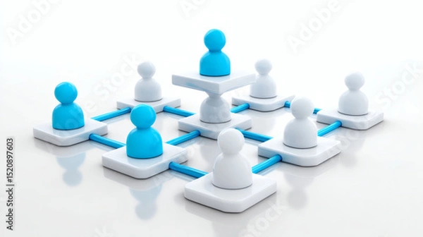 Obraz A 3D illustration of a network structure showing connected blue and white figures, representing teamwork and organizational hierarchy.