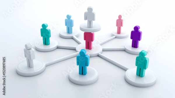 Obraz A group of colorful human icons connected in a network, symbolizing teamwork, collaboration, or social networking.