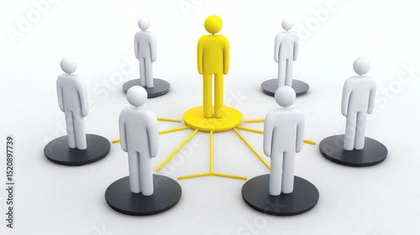 Fototapeta A central yellow figure connects to six white figures in a circle, symbolizing leadership, networking, or team structure.