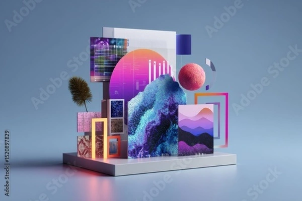 Obraz Digital mood board layout with AI-generated color palettes, gradient shapes and type samples, futuristic design composition on clean background
