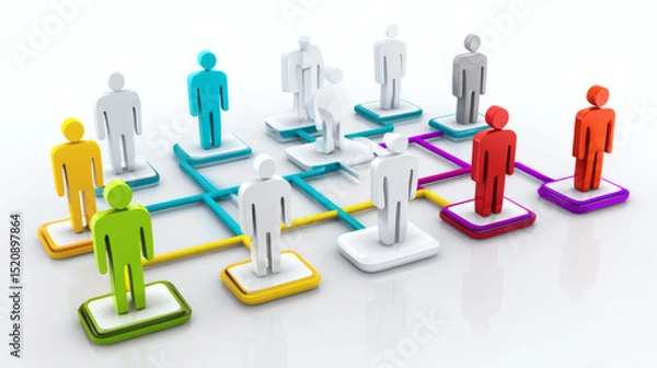Obraz Colorful 3D figures connected in a network, illustrating organizational structure and teamwork in a business environment.