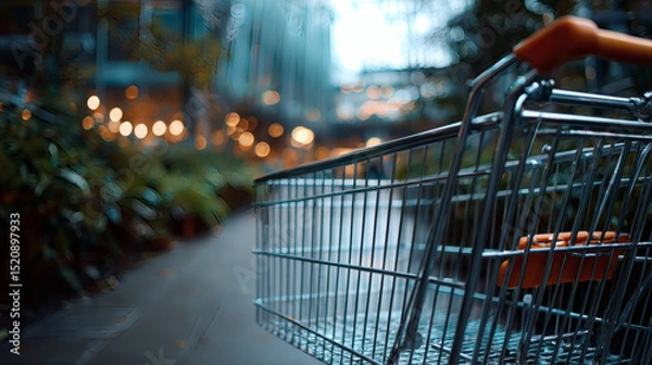 Fototapeta A metal shopping cart is positioned in a bright, indoor environment with blurred lights and plants in the background.