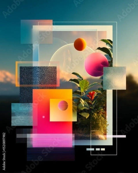 Obraz Digital mood board layout with AI-generated color palettes, gradient shapes and type samples, futuristic design composition on clean background