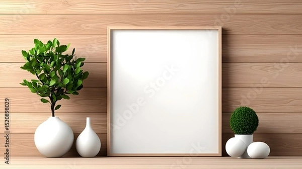 Fototapeta A bright and airy open concept workspace with a blank poster frame  long title A bright and airy