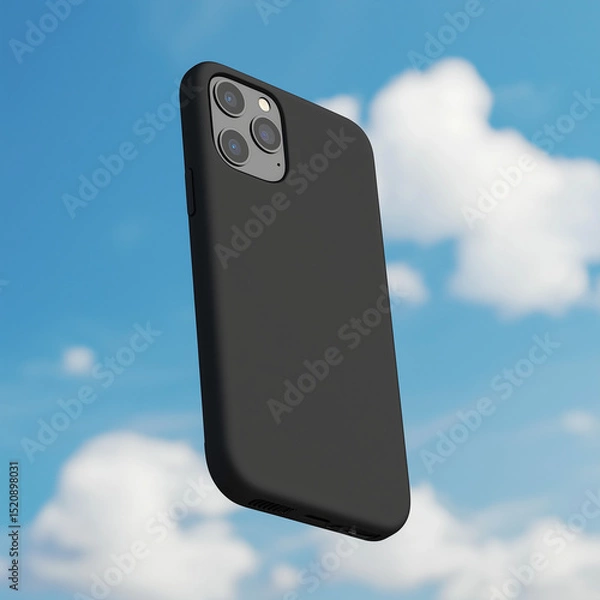 Obraz Black Smartphone Case Modern Mobile Phone Cover Triple Camera Cloudy Sky Background