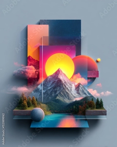 Obraz Digital mood board layout with AI-generated color palettes, gradient shapes and type samples, futuristic design composition on clean background