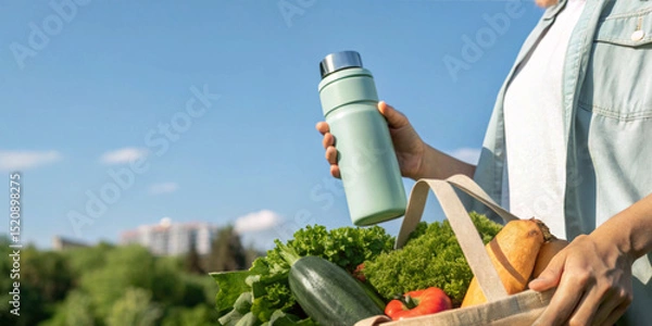 Obraz Caring for health and living in an environmentally friendly way by taking care of oneself through eating vegetables and fruits