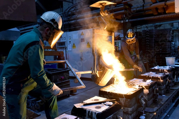 Fototapeta Group of workers in an iron foundry - casting a workpiece with liquid hot metal into a mold - cooperation and work safety